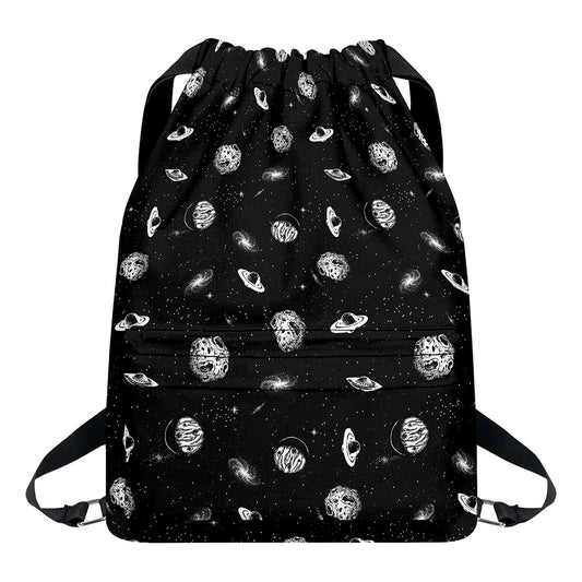 Black And White UFO Pattern Print Drawstring Backpack