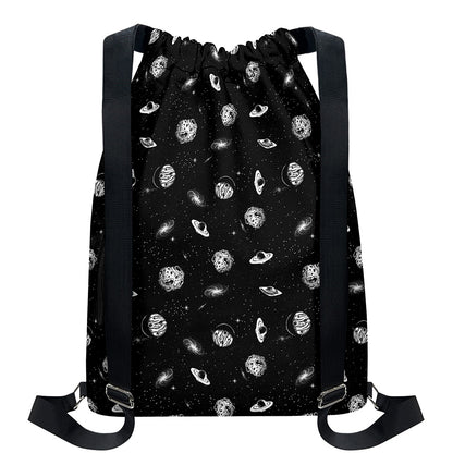 Black And White UFO Pattern Print Drawstring Backpack