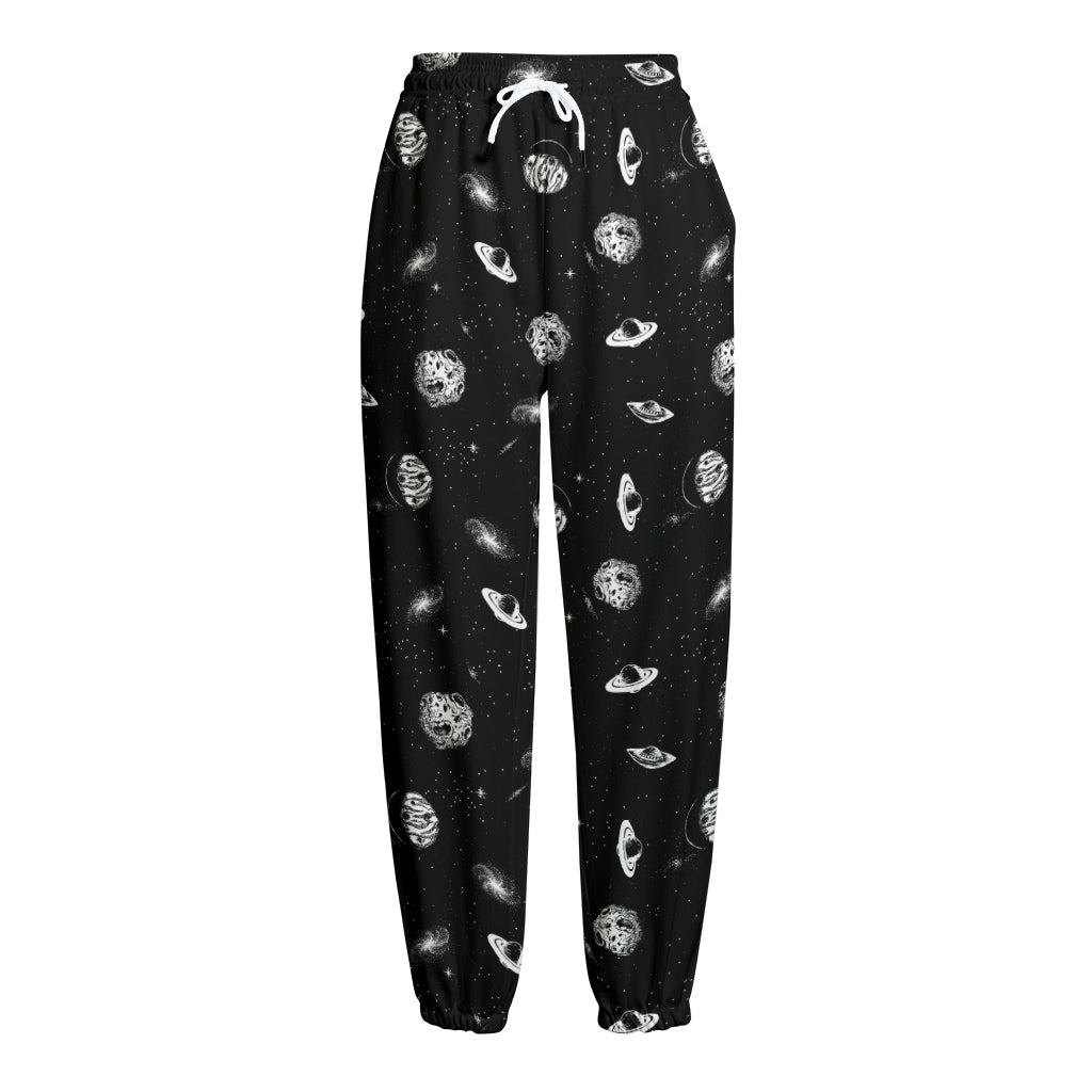 Black And White UFO Pattern Print Fleece Lined Knit Pants