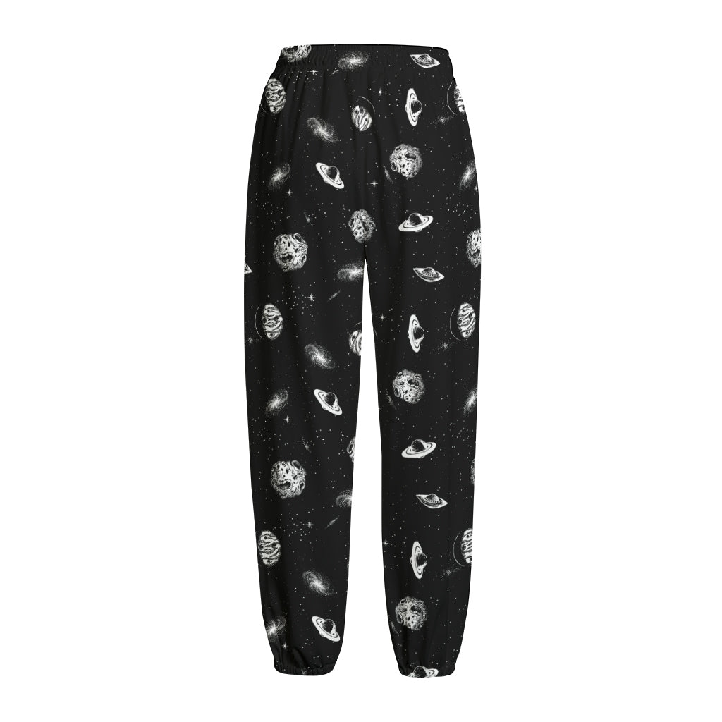 Black And White UFO Pattern Print Fleece Lined Knit Pants