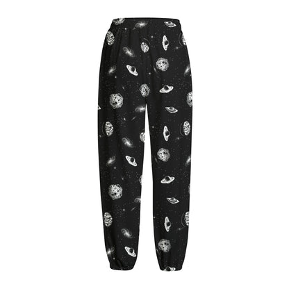 Black And White UFO Pattern Print Fleece Lined Knit Pants