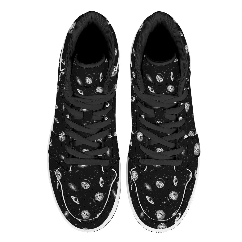 Black And White UFO Pattern Print High Top Leather Sneakers