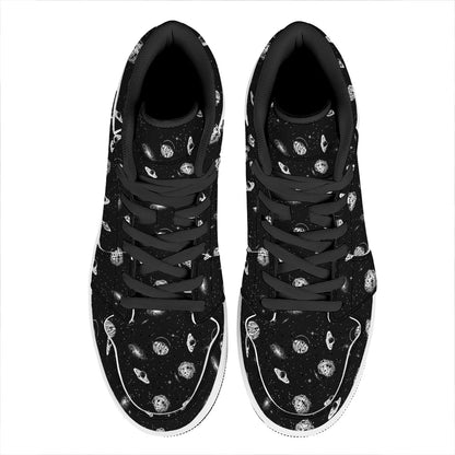 Black And White UFO Pattern Print High Top Leather Sneakers