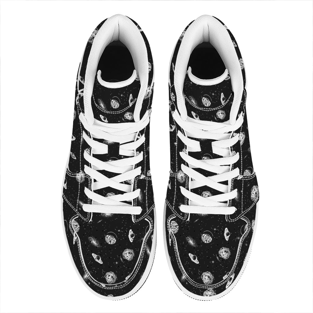 Black And White UFO Pattern Print High Top Leather Sneakers