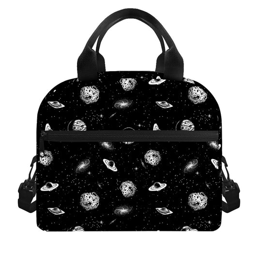 Black And White UFO Pattern Print Insulated Lunch Bag