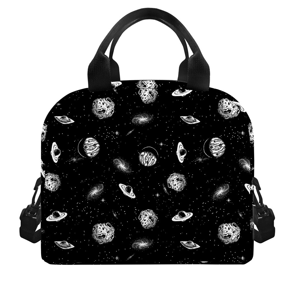 Black And White UFO Pattern Print Insulated Lunch Bag