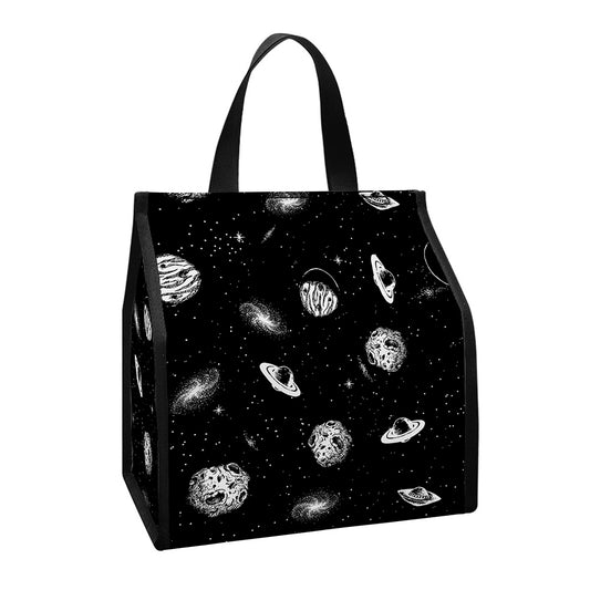 Black And White UFO Pattern Print Insulated Lunch Tote