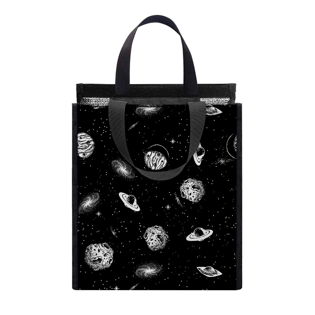 Black And White UFO Pattern Print Insulated Lunch Tote