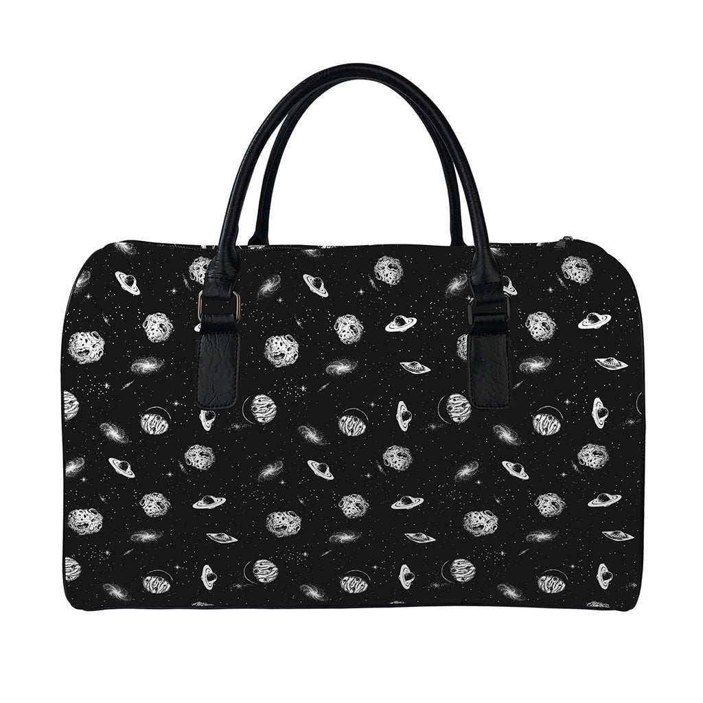 Black And White UFO Pattern Print Leather Duffle Bag