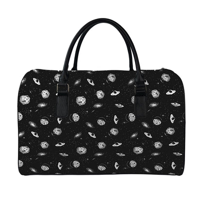 Black And White UFO Pattern Print Leather Duffle Bag