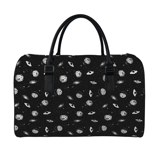 Black And White UFO Pattern Print Leather Duffle Bag