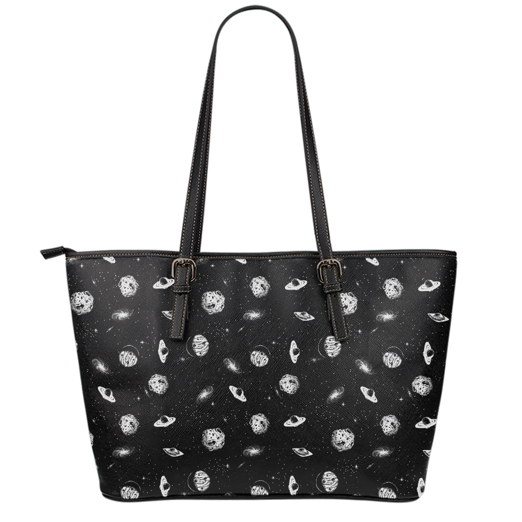 Black And White UFO Pattern Print Leather Tote Bag