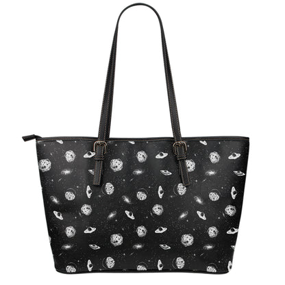 Black And White UFO Pattern Print Leather Tote Bag