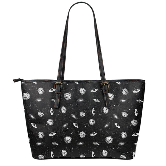 Black And White UFO Pattern Print Leather Tote Bag