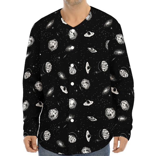 Black And White UFO Pattern Print Long Sleeve Baseball Jersey