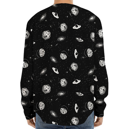 Black And White UFO Pattern Print Long Sleeve Baseball Jersey