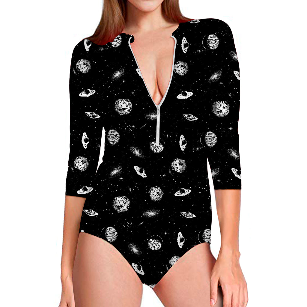 Black And White UFO Pattern Print Long Sleeve Swimsuit