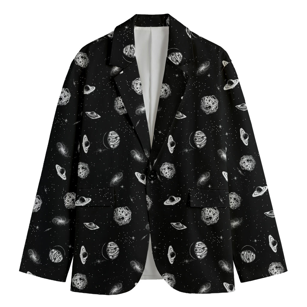 Black And White UFO Pattern Print Men's Cotton Blazer