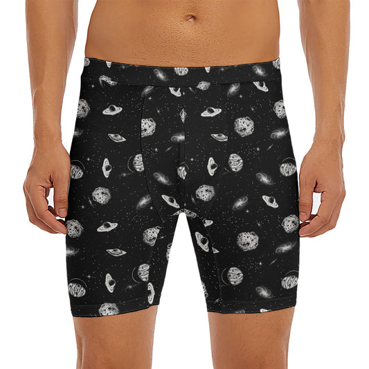 Black And White UFO Pattern Print Men's Long Boxer Briefs