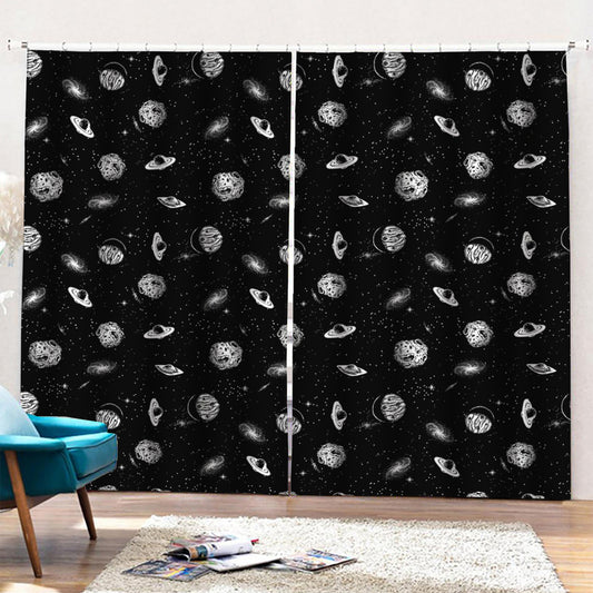 Black And White UFO Pattern Print Pencil Pleat Curtains