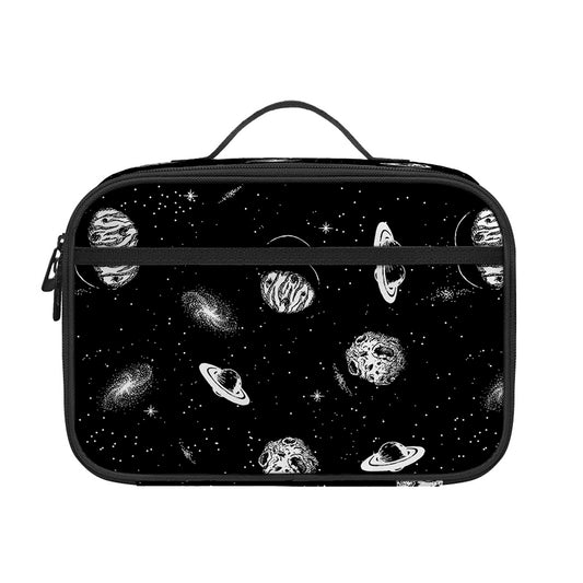 Black And White UFO Pattern Print Portable Lunch Bag