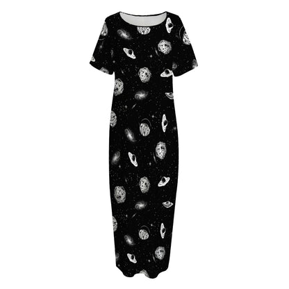 Black And White UFO Pattern Print Short Sleeve Long Nightdress