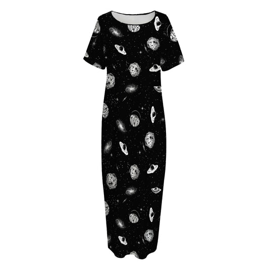 Black And White UFO Pattern Print Short Sleeve Long Nightdress