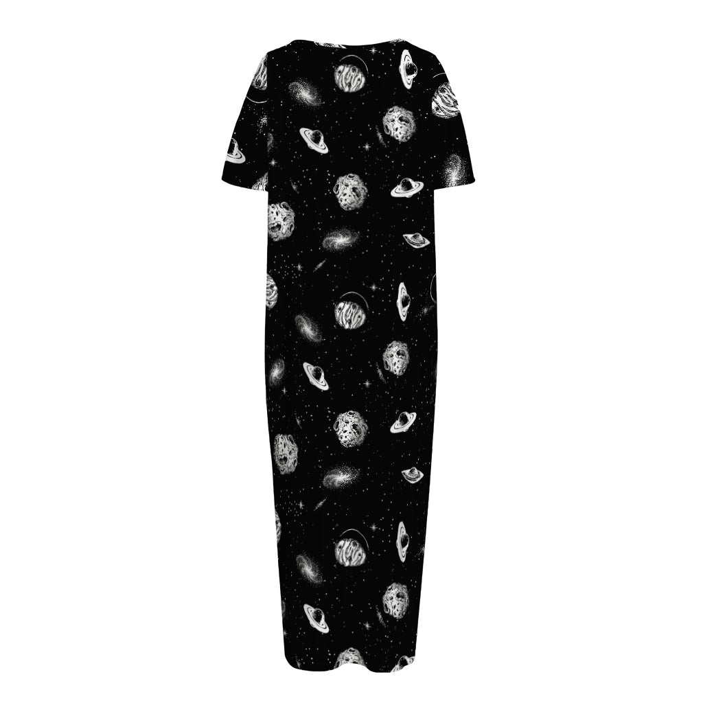 Black And White UFO Pattern Print Short Sleeve Long Nightdress