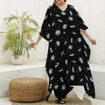 Black And White UFO Pattern Print Silk V-Neck Kaftan Dress
