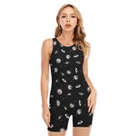 Black And White UFO Pattern Print Sleeveless One Piece Swimsuit