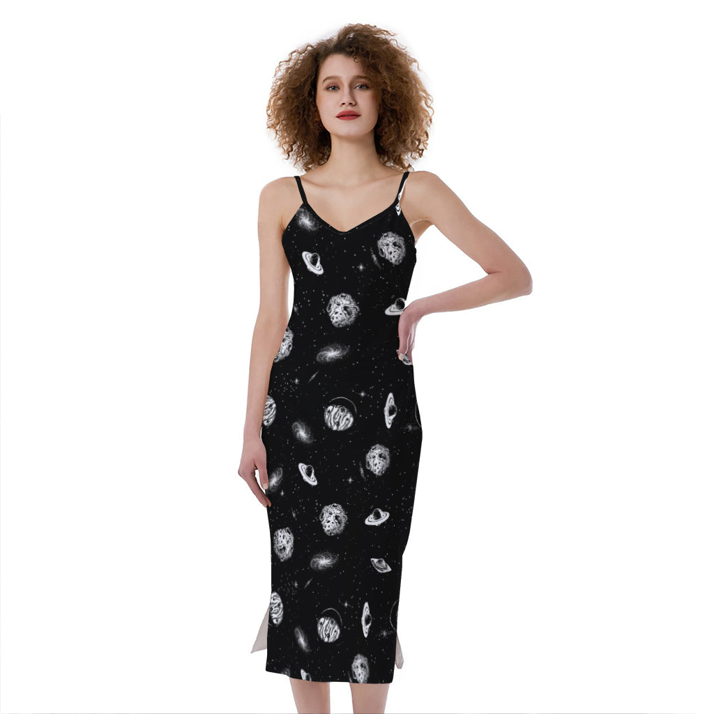 Black And White UFO Pattern Print Slim Fit Midi Cami Dress