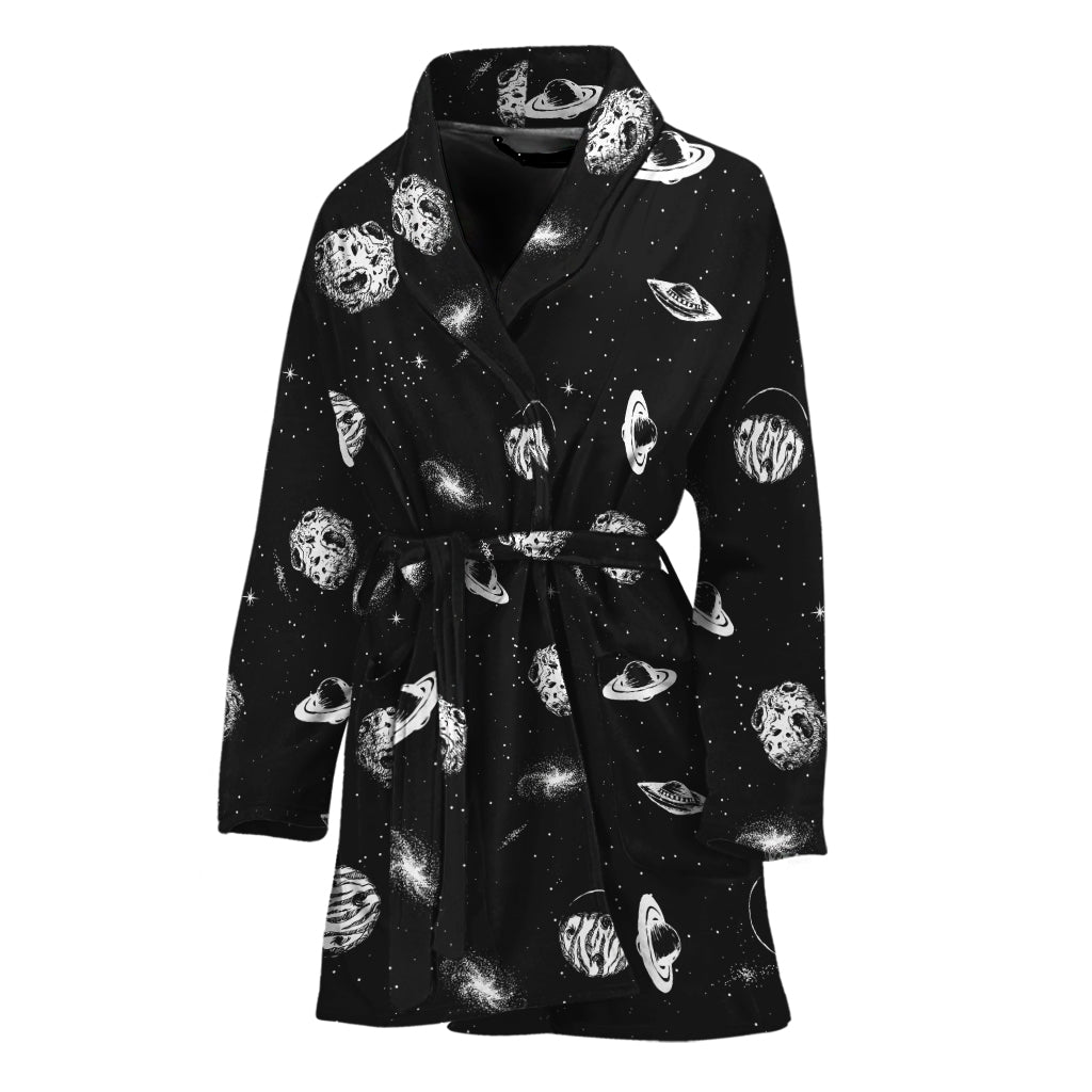 Black And White UFO Pattern Print Women's Bathrobe