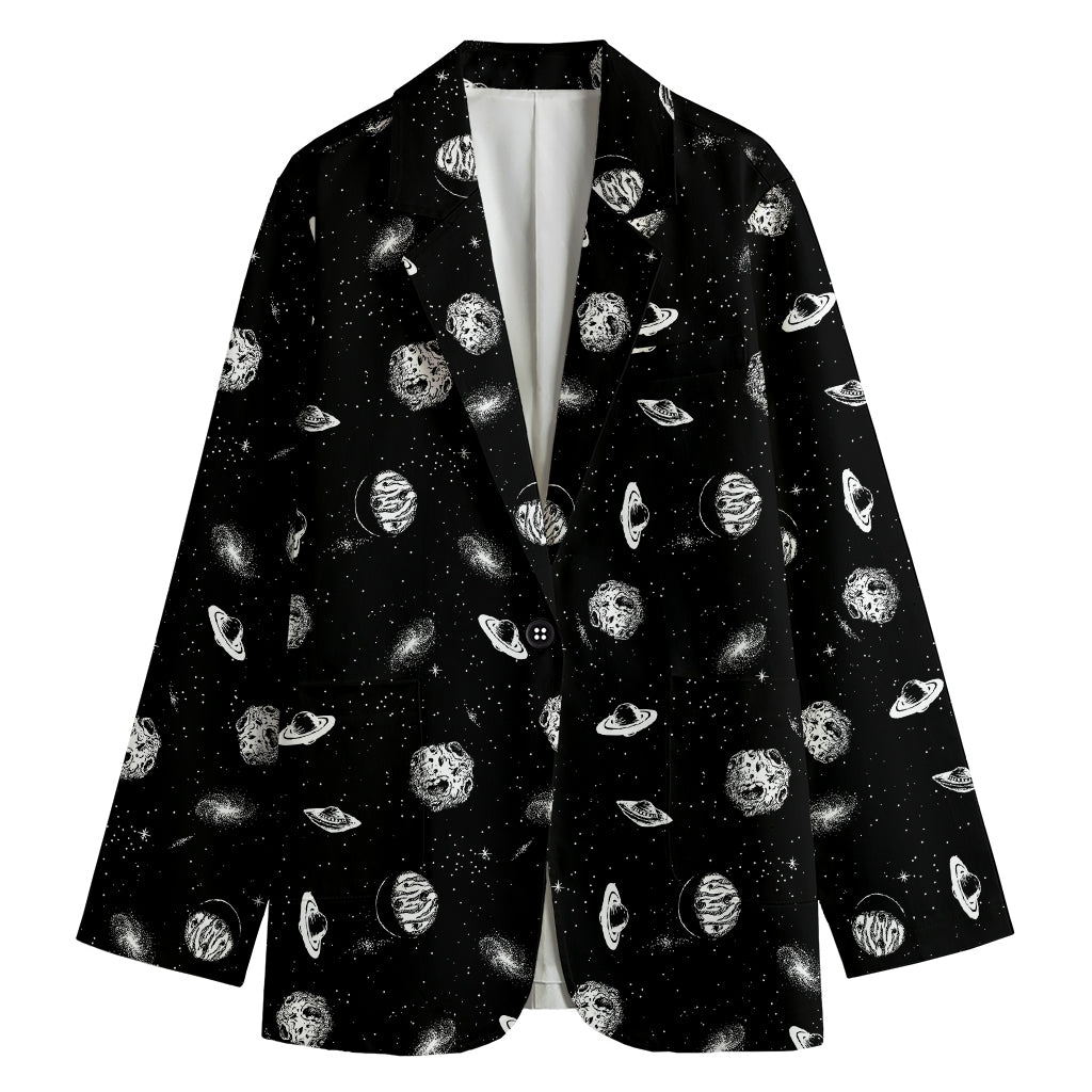Black And White UFO Pattern Print Women's Cotton Blazer