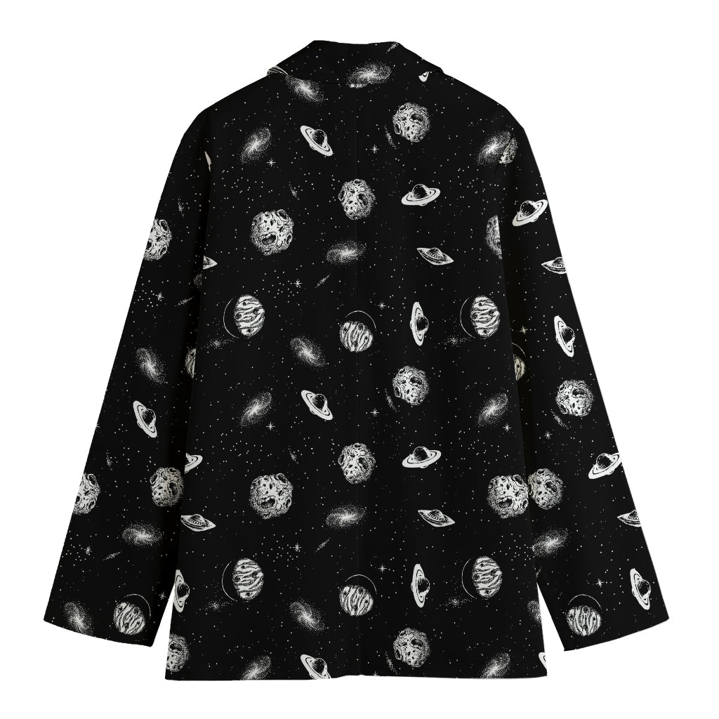 Black And White UFO Pattern Print Women's Cotton Blazer