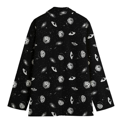 Black And White UFO Pattern Print Women's Cotton Blazer