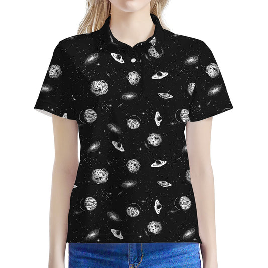 Black And White UFO Pattern Print Women's Polo Shirt