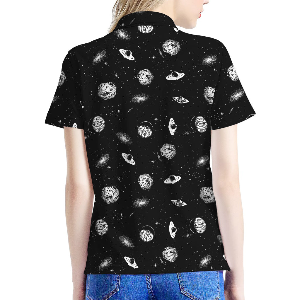 Black And White UFO Pattern Print Women's Polo Shirt