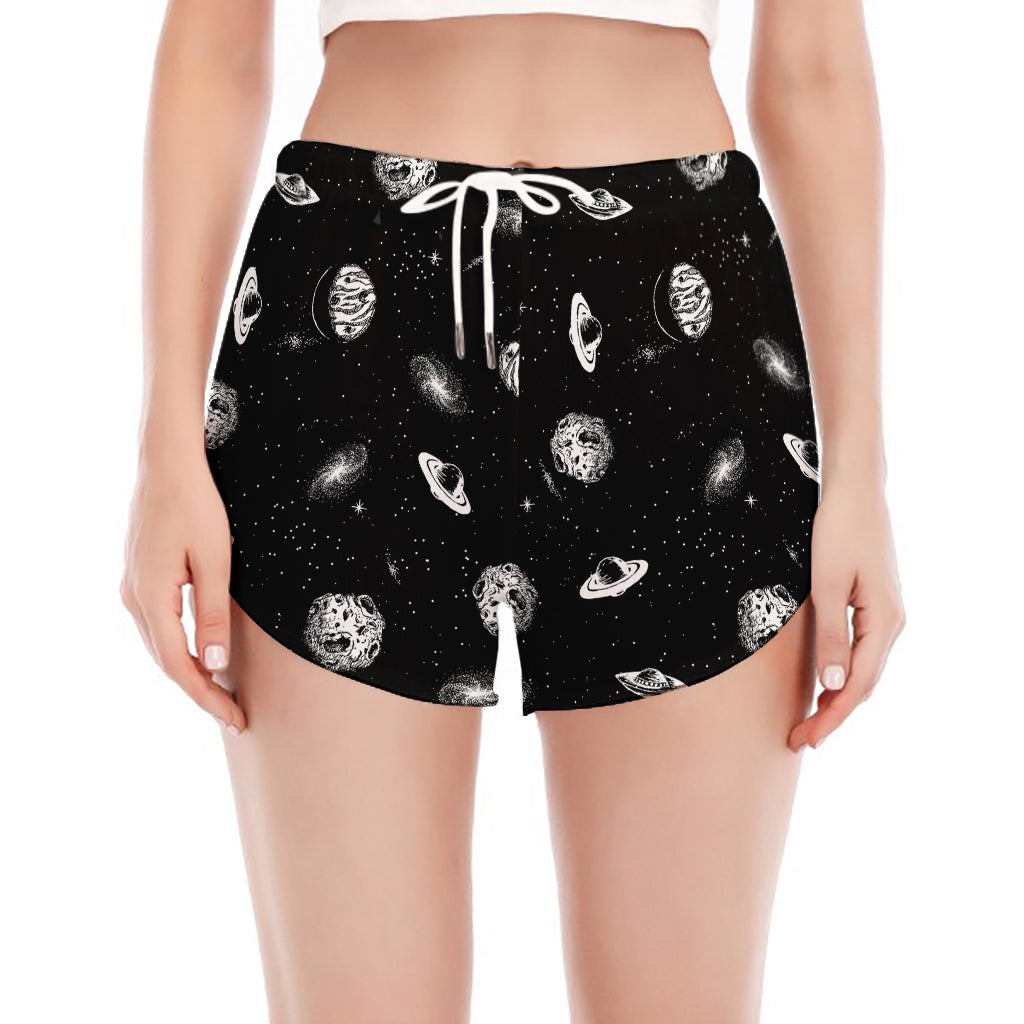Black And White UFO Pattern Print Women's Split Running Shorts