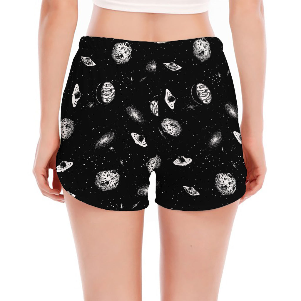 Black And White UFO Pattern Print Women's Split Running Shorts
