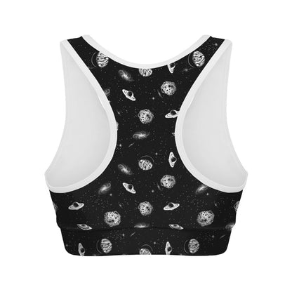 Black And White UFO Pattern Print Women's Sports Bra