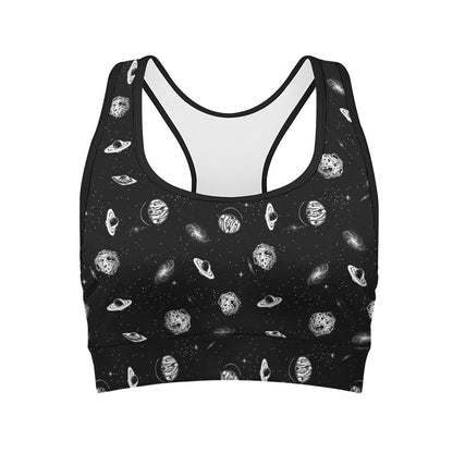 Black And White UFO Pattern Print Women's Sports Bra