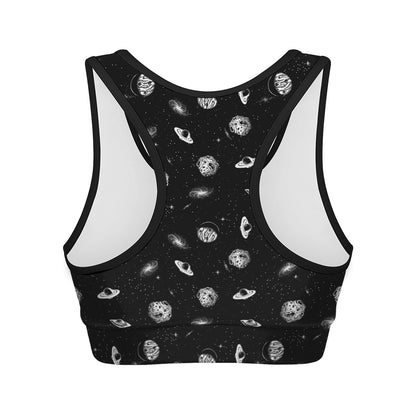 Black And White UFO Pattern Print Women's Sports Bra