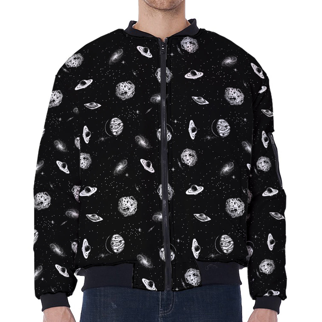 Black And White UFO Pattern Print Zip Sleeve Bomber Jacket
