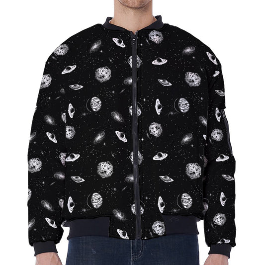 Black And White UFO Pattern Print Zip Sleeve Bomber Jacket