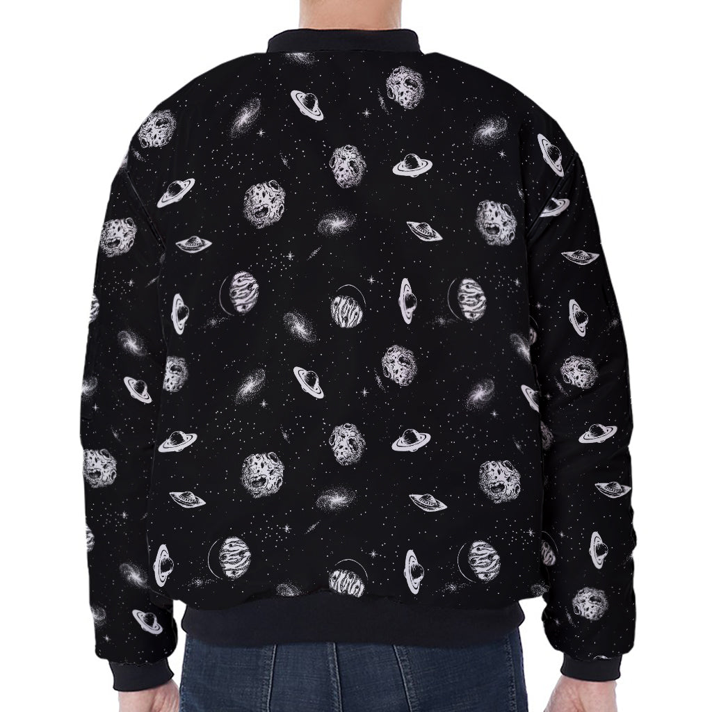 Black And White UFO Pattern Print Zip Sleeve Bomber Jacket
