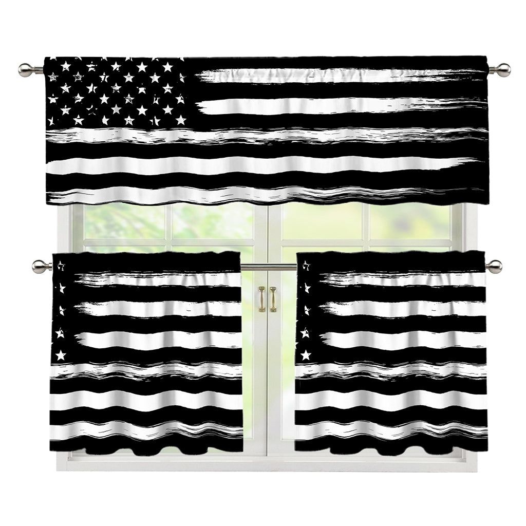 Black And White USA Flag Print 3 Piece Kitchen Curtains