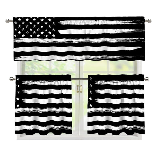 Black And White USA Flag Print 3 Piece Kitchen Curtains
