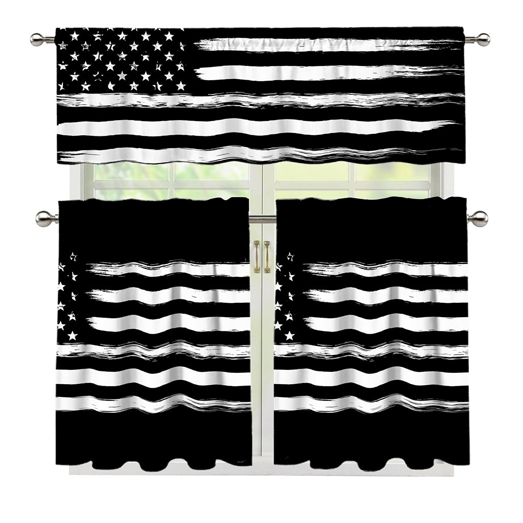 Black And White USA Flag Print 3 Piece Kitchen Curtains