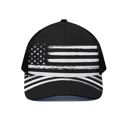 Black And White USA Flag Print Black Mesh Trucker Cap