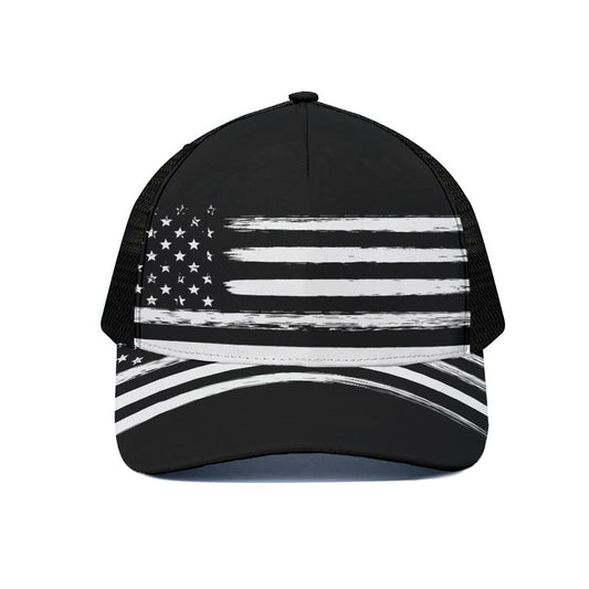 Black And White USA Flag Print Black Mesh Trucker Cap